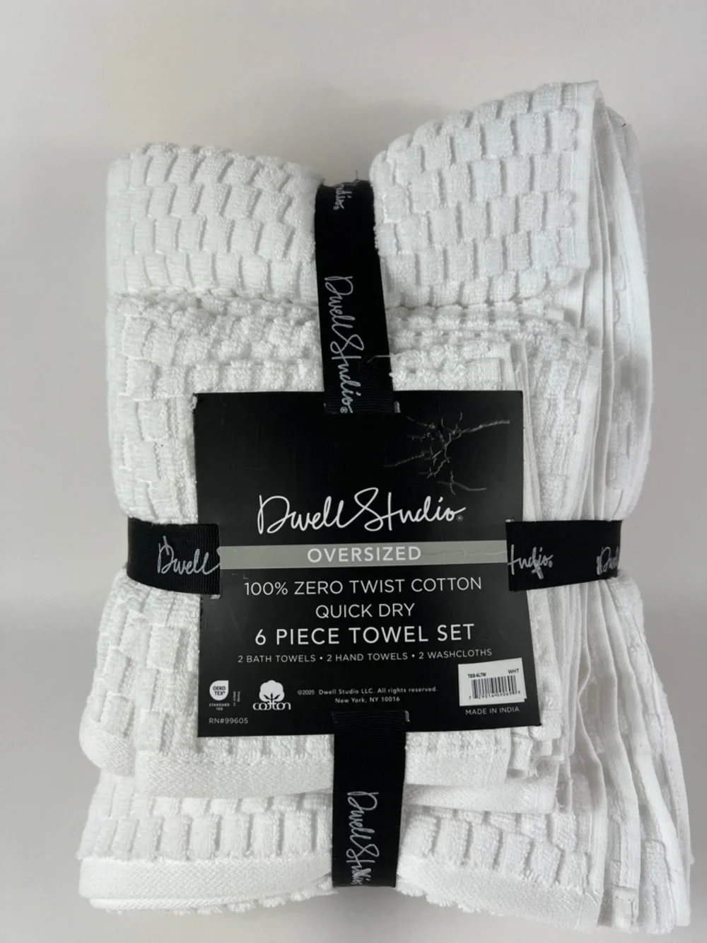 Dwell Studio Bath Towel Set 6 PC White Quick Dry 100% Zero Twist Cotton NEW